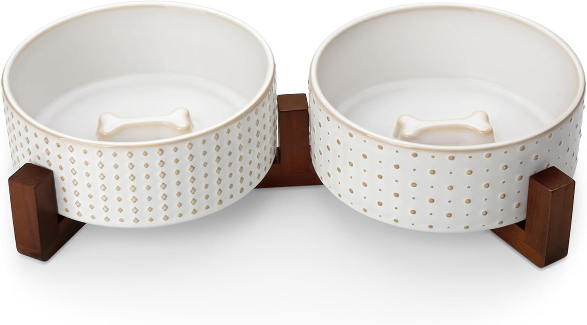 MALACASA Dog Bowl Set with Walnut Wood Stand, 3.5 Cups Ceramic Pet Bowls for Puppy Dogs, Dual Food