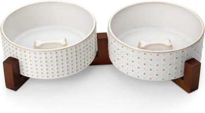 MALACASA Dog Bowl Set with Walnut Wood Stand, 3.5 Cups Ceramic Pet Bowls for Puppy Dogs, Dual Food