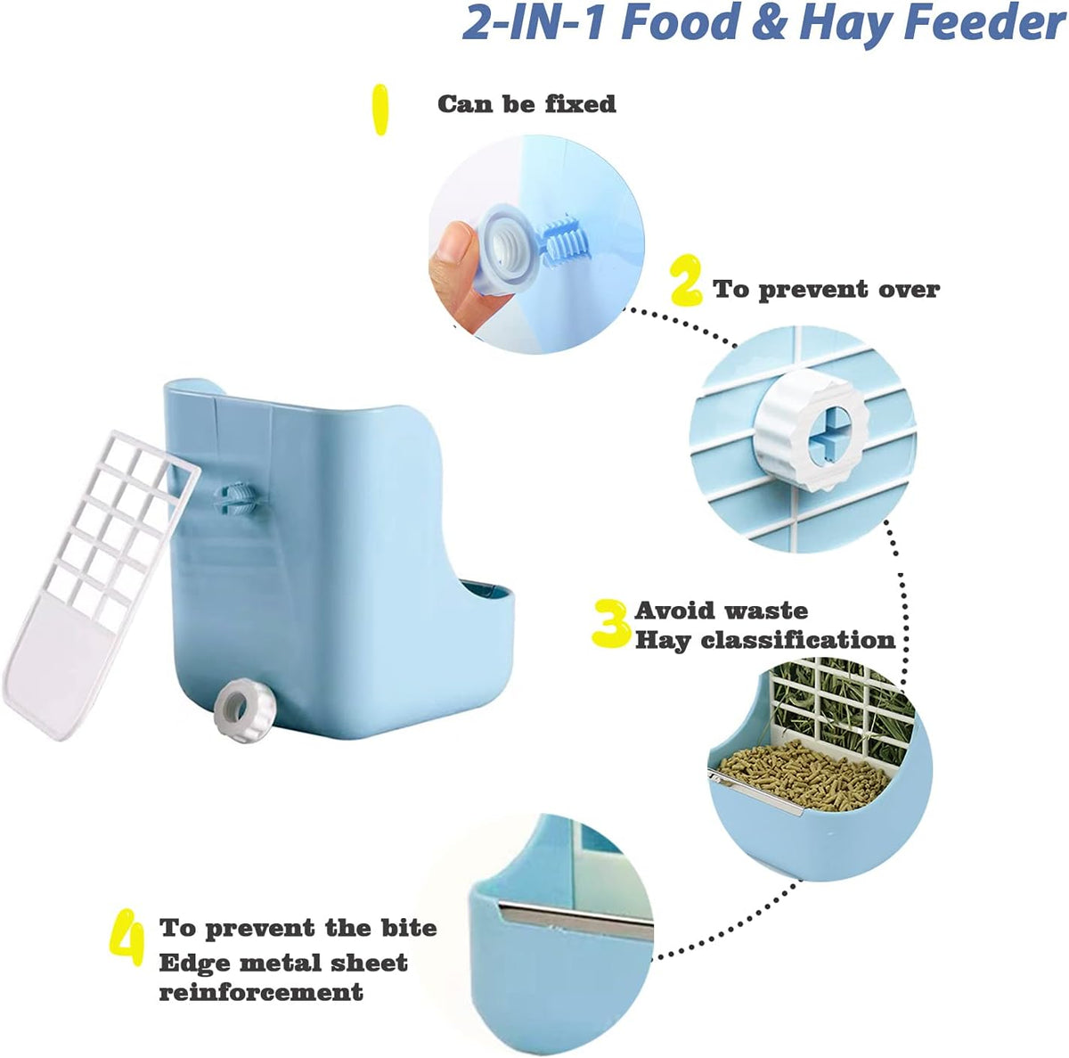 HERCOCCI PET Feeder and Water Bottle Set, Large Blue (500ml), Durable Hay Food Bin Feeder, Food