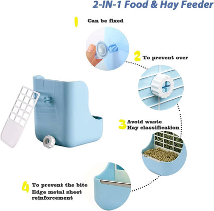 HERCOCCI PET Feeder and Water Bottle Set, Large Blue (500ml), Durable Hay Food Bin Feeder, Food