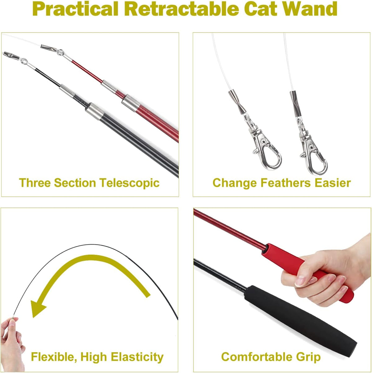 Interactive Cat Toys - Retractable Wand Toy and Feather Toys Refills for Indoor Cats to Chase and