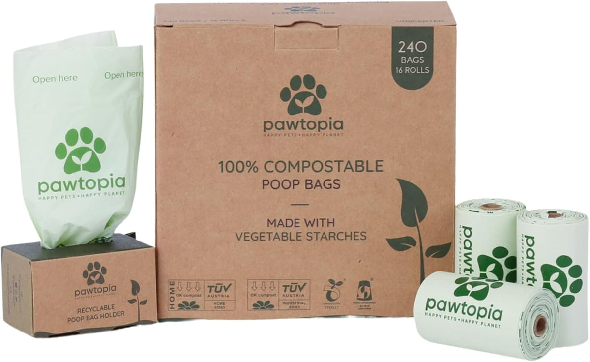 Pawtria Certified Home Compostable Dog Poop Bags (240) + Kraft Paper Dispenser, Biodegradable Poop