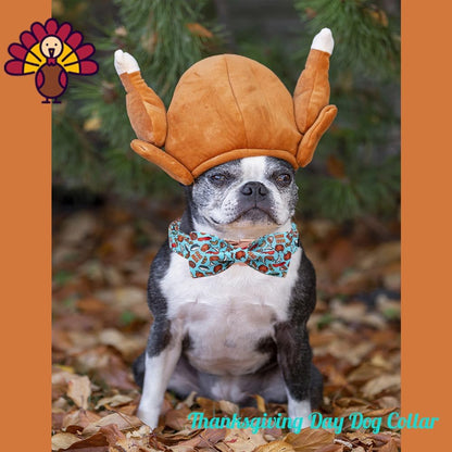 Unique Style Paws Thanksgiving Day Dog Collar with Bow Blue Turkey Cotton Puppy Collars for Small