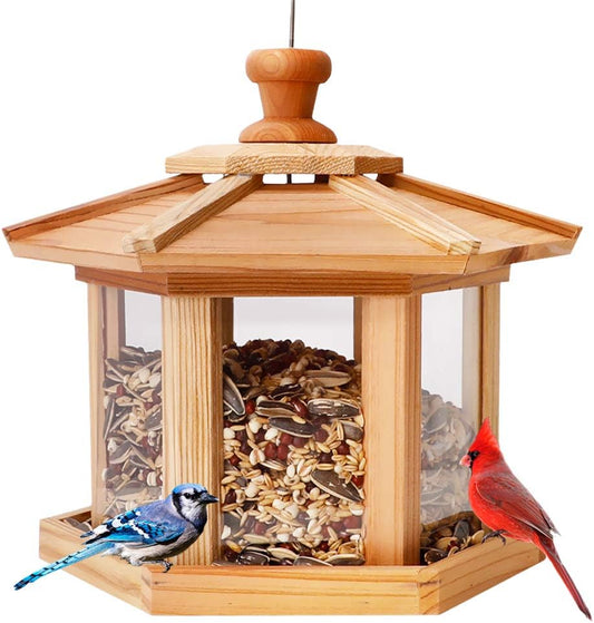 Solution4Patio Bird Feeder for Outdoors - USA Cedar Hexagon Gazebo Bird Feeders with Vented Mesh