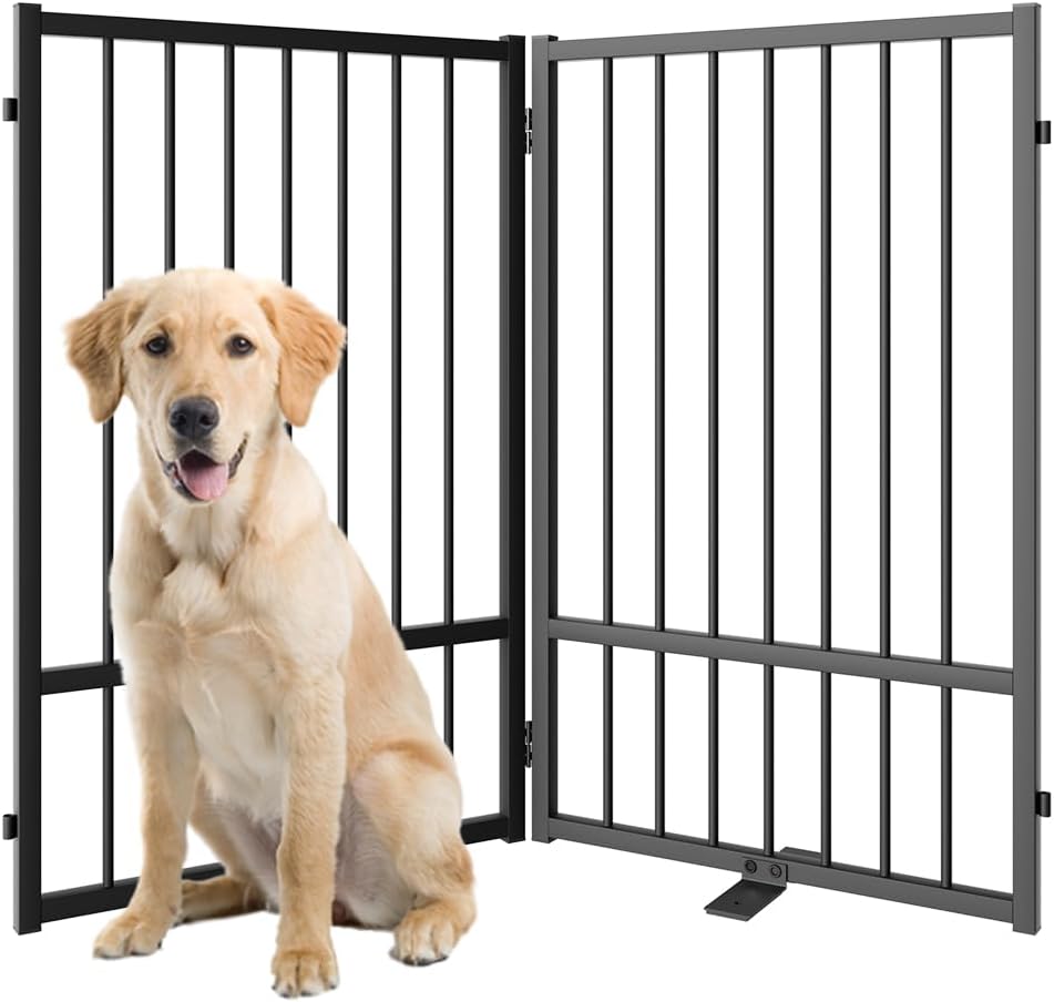 Full Metal Freestanding Dog Gate with Door, 32''Height Foldable Pet Dog Fence for Indoor & Outdoor