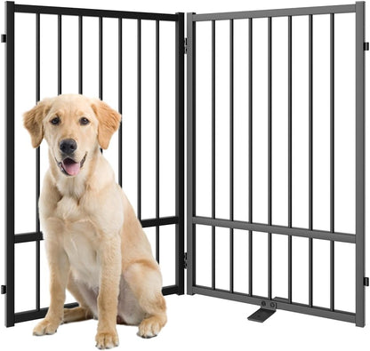 Full Metal Freestanding Dog Gate with Door, 32''Height Foldable Pet Dog Fence for Indoor & Outdoor