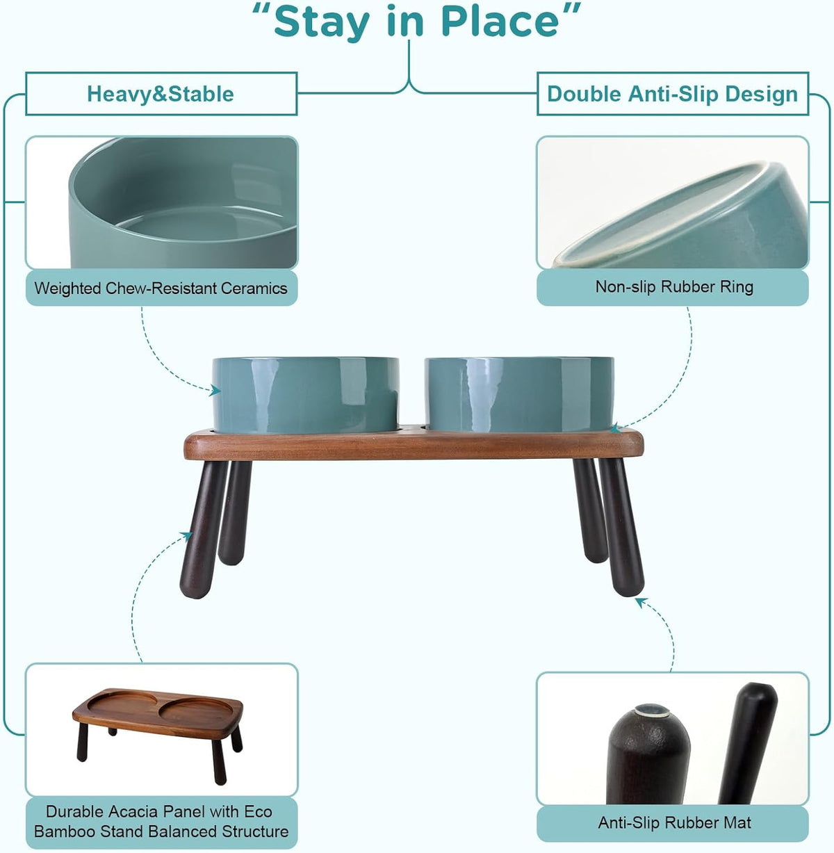SPUNKYJUNKY Ceramic Elevated Dog Bowls Raised with Acacia Bamboo Wooden Stand, 6.1'' Dog Cat Food