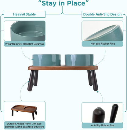 SPUNKYJUNKY Ceramic Elevated Dog Bowls Raised with Acacia Bamboo Wooden Stand, 6.1'' Dog Cat Food