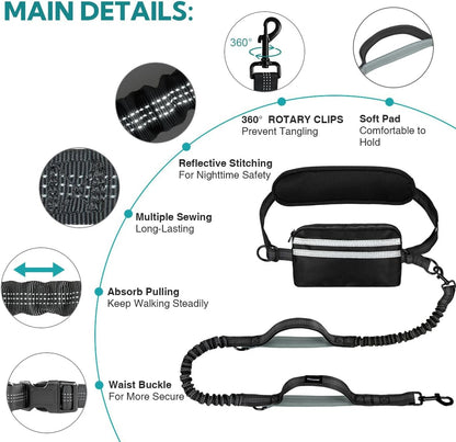 Hands Free Dog Leash with Pouch, Double Leash for Two Dogs, Retractable Dog Leashes with Double