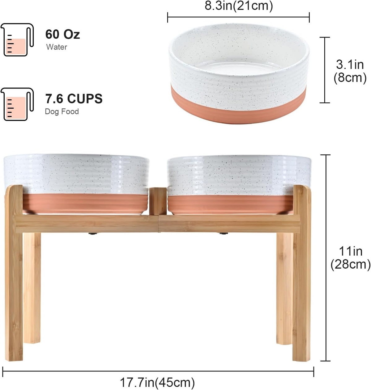 SPUNKYJUNKY Elevated Dog Bowls Ceramic, 8.3'' Dogs Food Water Bowls Raised with Non-Slip Bamboo