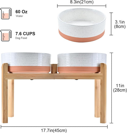 SPUNKYJUNKY Elevated Dog Bowls Ceramic, 8.3'' Dogs Food Water Bowls Raised with Non-Slip Bamboo