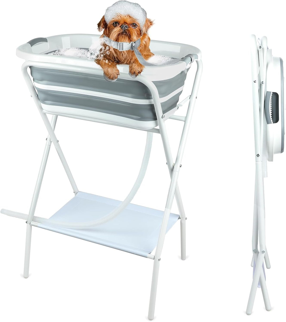 FHTONGE Elevated Dog Bathtub Grooming Station with Drain Adjustable Collar, 2 in 1 Collapsible Dogs