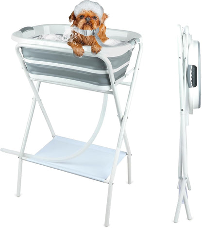 FHTONGE Elevated Dog Bathtub Grooming Station with Drain Adjustable Collar, 2 in 1 Collapsible Dogs