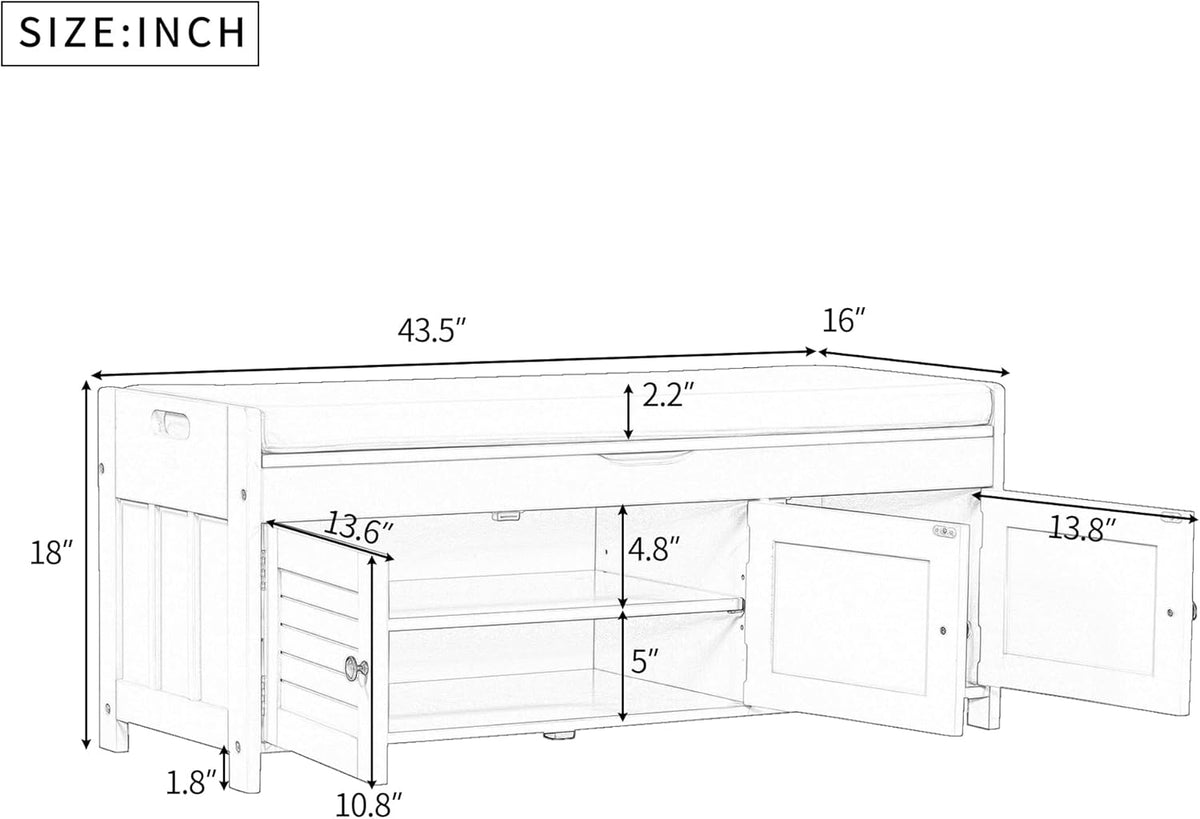 Shoe Storage Bench with 3 Shutter-Shaped Doors, Pine Wood Shoe Bench with Removable Cushion and