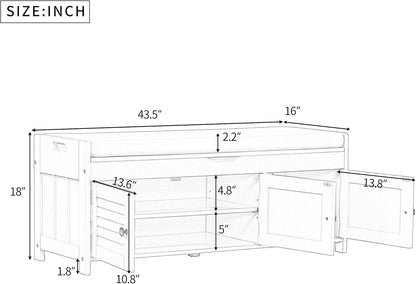 Shoe Storage Bench with 3 Shutter-Shaped Doors, Pine Wood Shoe Bench with Removable Cushion and