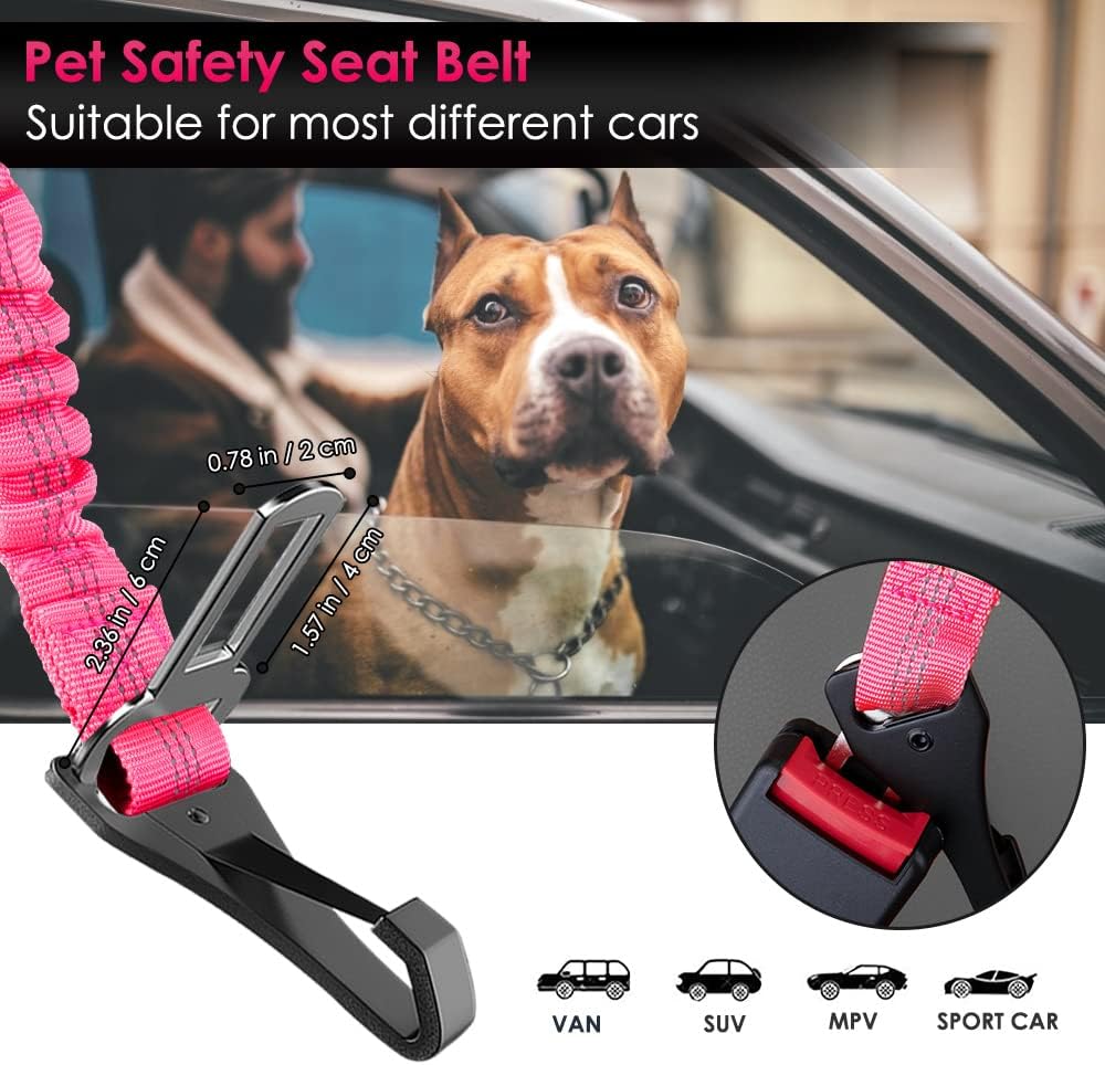 SlowTon 2 Pack Dog Seat Belt, 2 in 1 Attachment, Hook Latch Bar or Seatbelt Buckle with Elastic