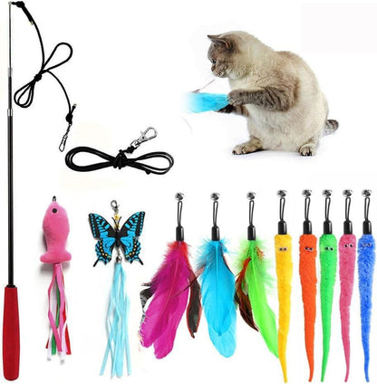 Retractable Cat Toy Wand, 12 Packs Interactive Cat Feather Toys, 9 Assorted Teaser Refills with
