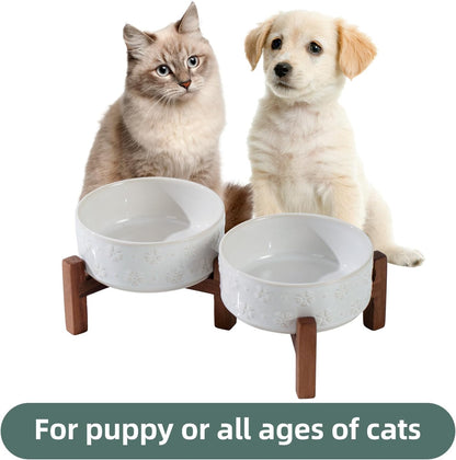 Ceramic 5.1inch Raised Double Bowls Set with Acacia Wood Stand, 2 Heights Elevated, Food & Water