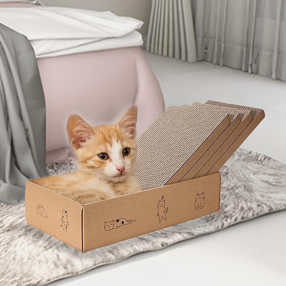 4 Packs in 1 Cat Scratch Pad with Box, Cat Scratcher Cardboard,Reversible,Durable Recyclable