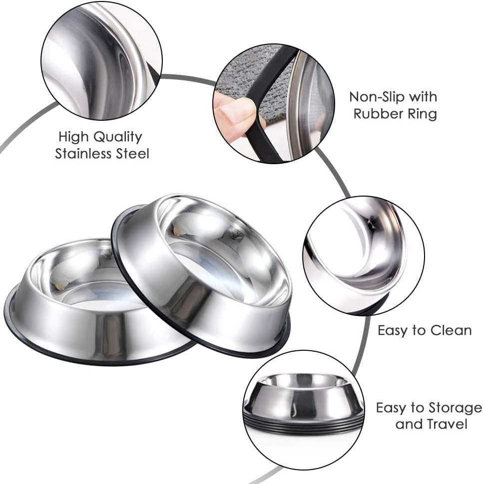 Stainless Steel Dog Bowls, 1.5 Cup/12oz Cat Bowl Water and Food with Rubber Base, Pet Bowls for