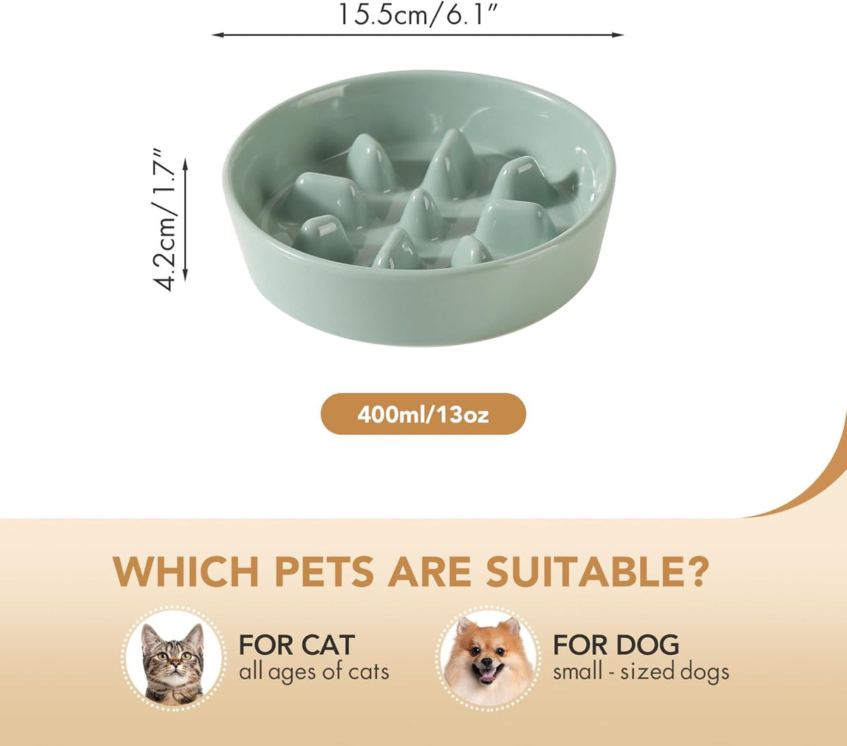 Ceramic 6.1inch Dog Bowl Slow Feeder, Slow Pet Food Dish for Small Dog and Cat, Stop Bloat