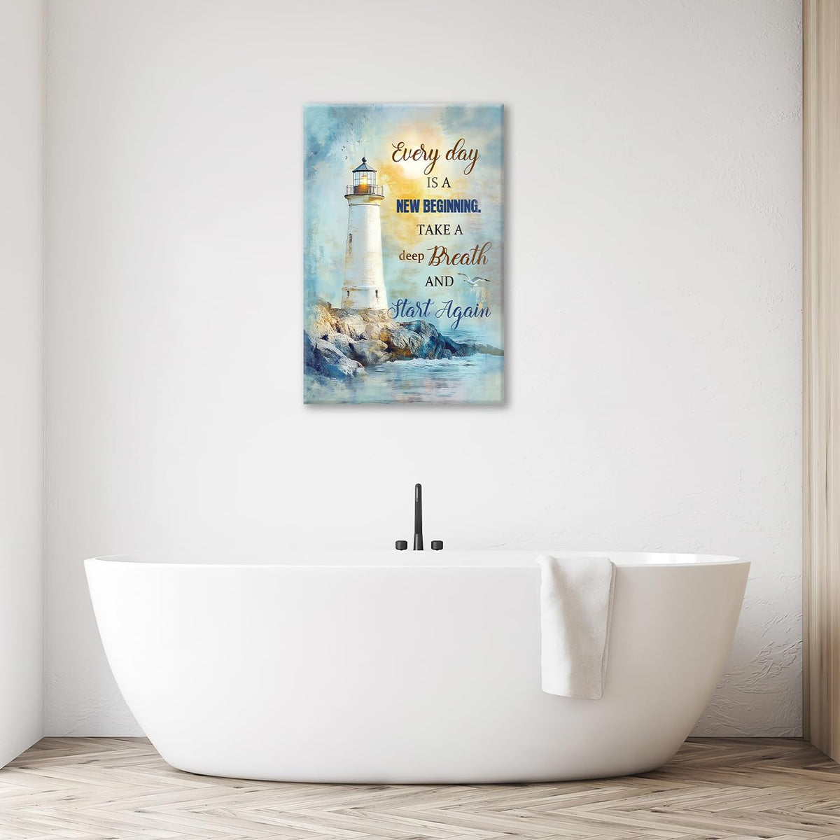 Ocean Lighthouse Pictures Wall Art, Coastal Nautical Bathroom Wall Decor Every Day is a New