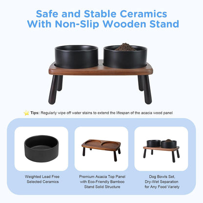 SPUNKYJUNKY Ceramic Elevated Dog Bowls Raised with Acacia Bamboo Wooden Stand, 6.1'' Dog and Cat