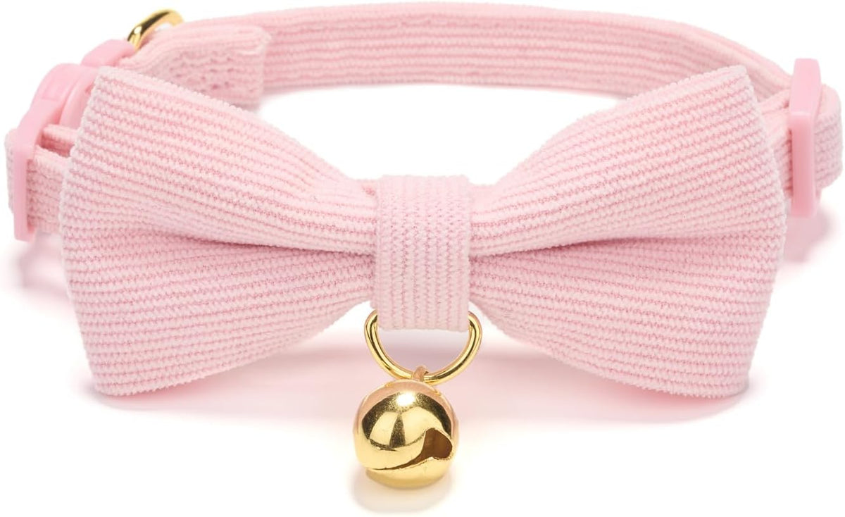2 Pack Soft Corduroy Cat Collars with Bow Tie & Bell, Adjustable Breakaway Cotton Kitty Bowtie