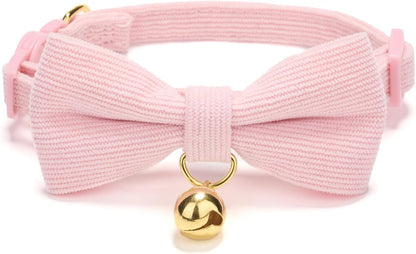 2 Pack Soft Corduroy Cat Collars with Bow Tie & Bell, Adjustable Breakaway Cotton Kitty Bowtie