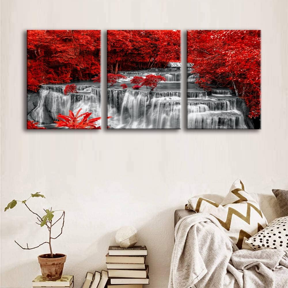 Yxbhhym Black White and Red Waterfall Canvas Wall Art Forest Paintings Waterfall Artwork for Wall