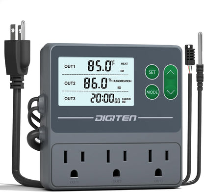 DIGITEN Temperature and Humidity Controller with Timer - 3 Outlet, 2 Separate Probes, Plug in