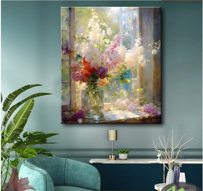 Colorful Flower Framed Canvas Wall Art, Watercolor Floral Bathroom Wall Decor, Spring Nature Wall