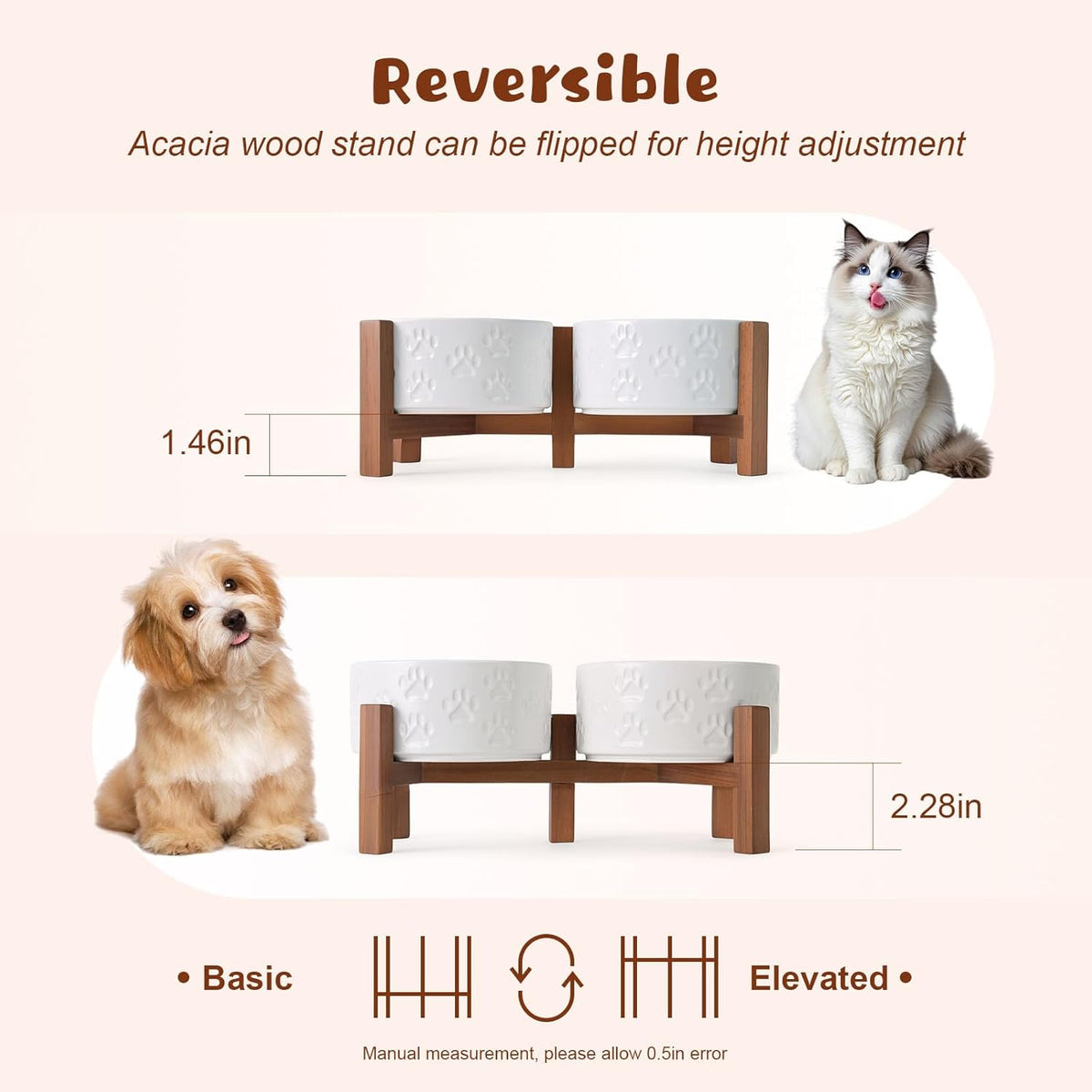 SPUNKYJUNKY Ceramic Elevated Dog Bowl Set with Acacia Wood Stand for Food and Water for Cats and