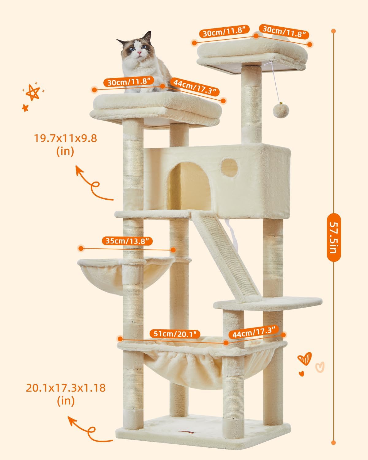 Taoqimiao Cat Tree 57.5-Inch, Cat Tower for Indoor Cats Large Adult, Extra Large Cat Condo, 8 Sisal
