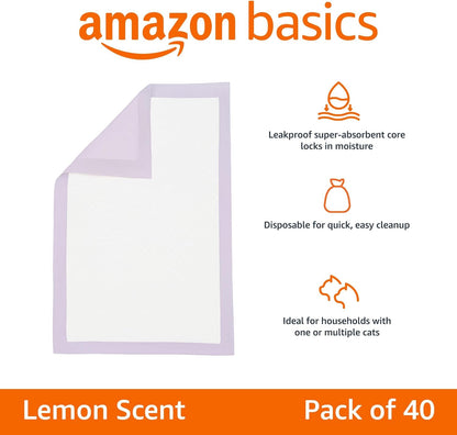 Amazon Basics Cat Litters Pee Pads, 40 Count, Universal Fit for Litter Box, Odor Control with Lemon