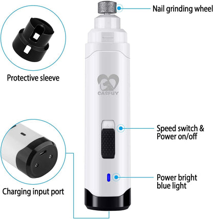Casfuy Dog Nail Grinder Upgraded - Professional 2-Speed Electric Rechargeable Pet Nail Trimmer