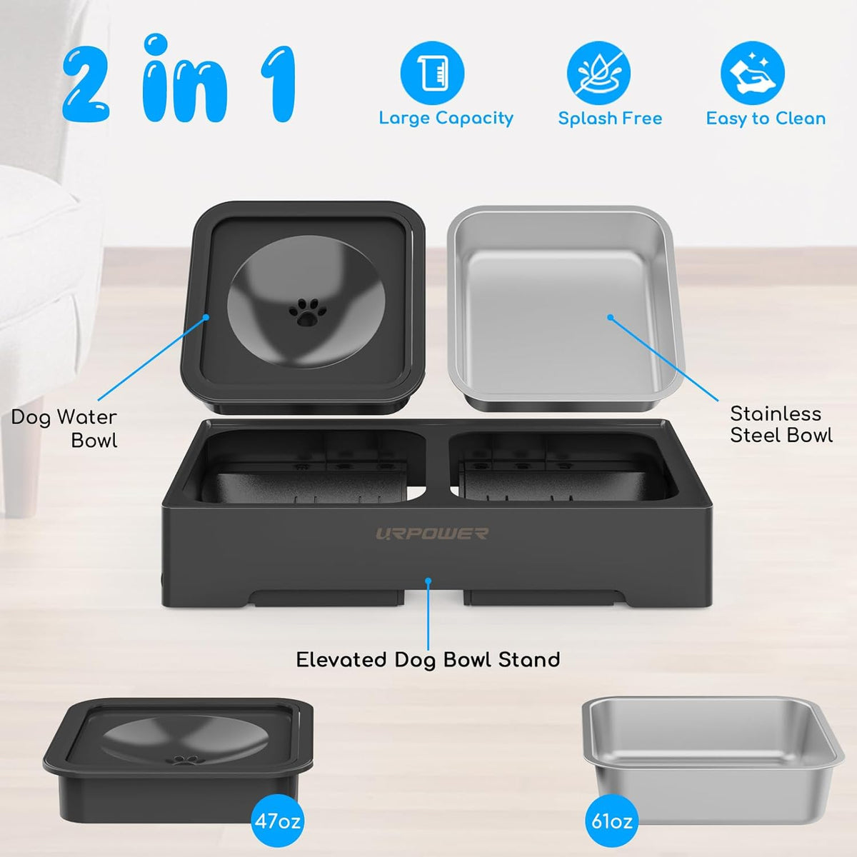 URPOWER 2-in-1 Elevated Dog Bowls 4 Height Adjustable Raised Dog Bowls with No Spill Water Bowl and