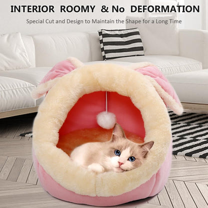 Lcybem Cat Beds for Indoor Cats - Rabbit-Shaped Cat Cave Bed with Hanging Toy,Super Soft Calming