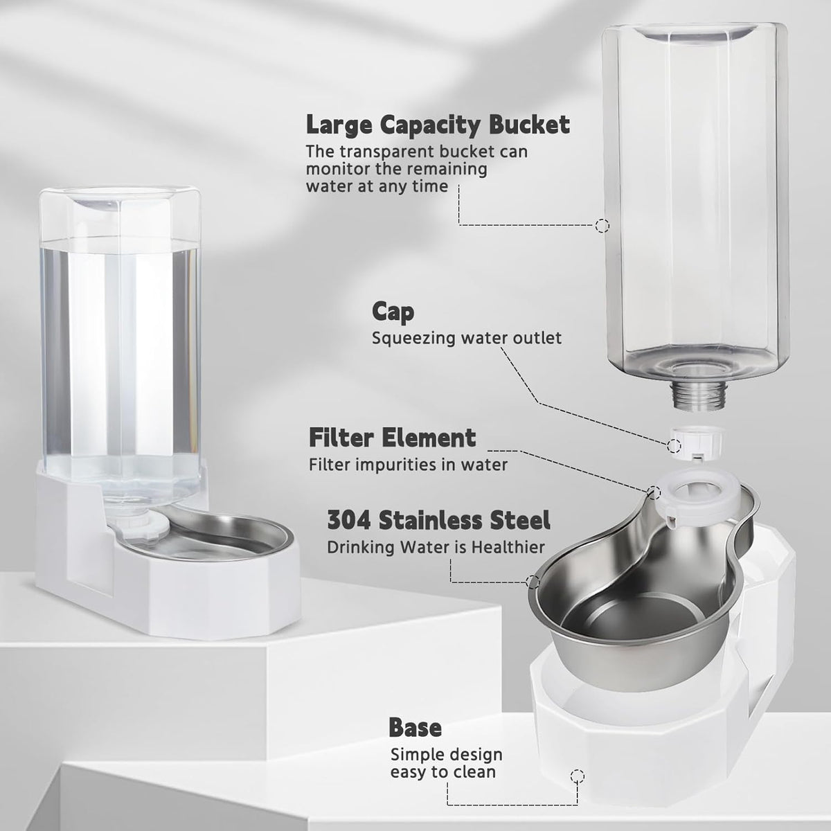 Sfozstra Large Dog Water Dispenser: 9L Automatic White Water Feeder with Stainless Steel Bowl