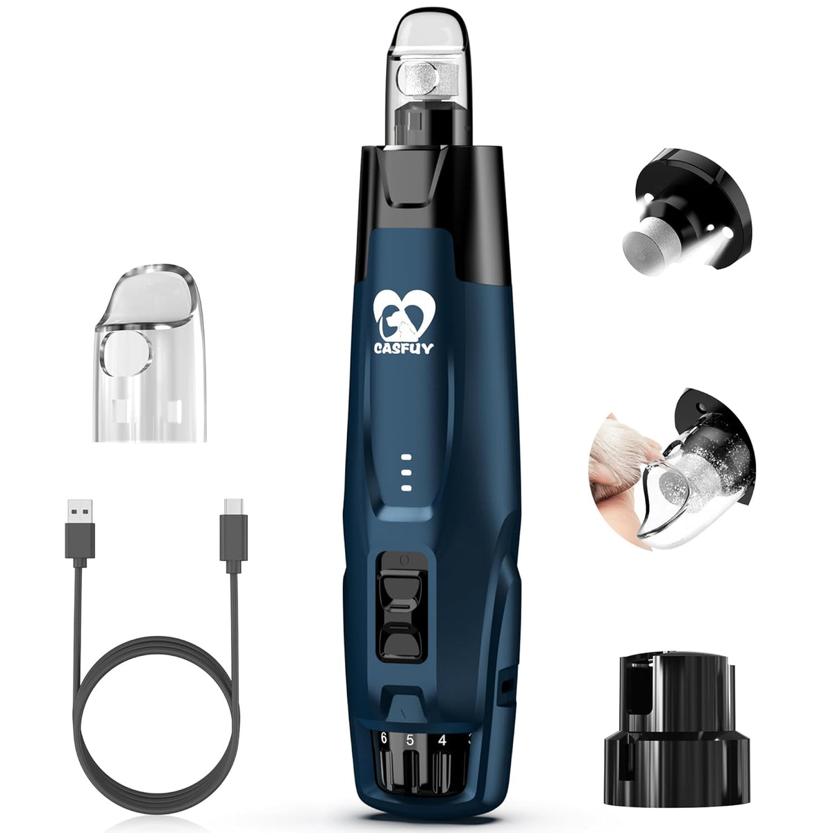 Casfuy New 6-Speed Dog Nail Grinder - 50% More Power Dog Nail Trimmers with 2 LED Lights Quiet 7h