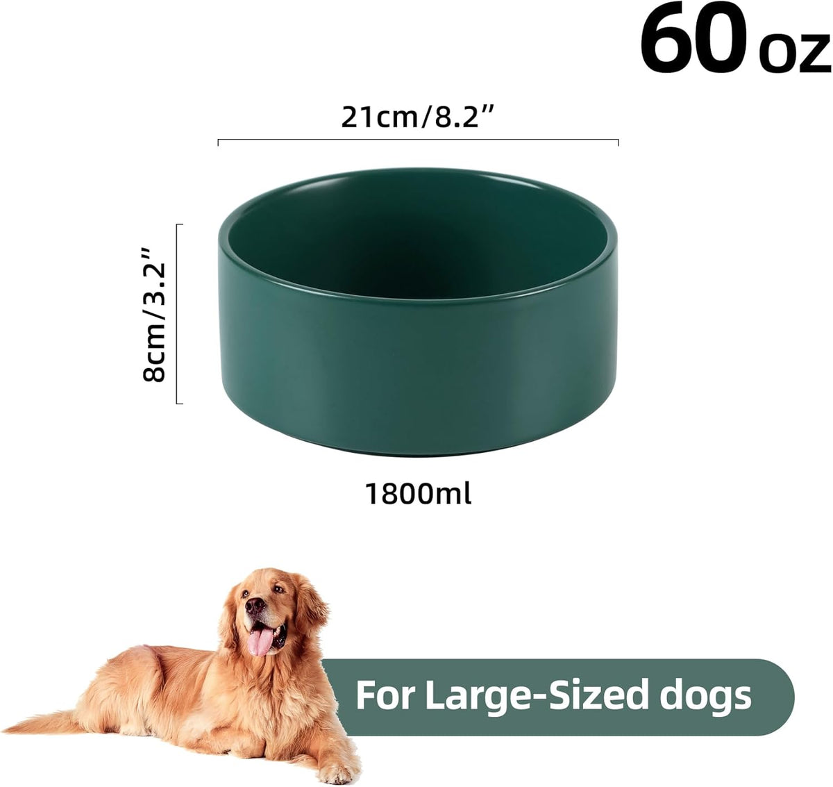 Non-Slip 8.2inch Ceramic Dog Food and Water Bowl for Large Breed Dogs, Pet Bowl for Replacement