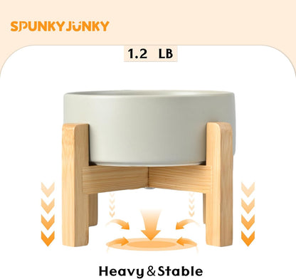 SPUNKYJUNKY Ceramic Elevated Dog Bowls 2 Pack - 5.1inch Raised Dog Bowls with Non-Slip Wooden Stand