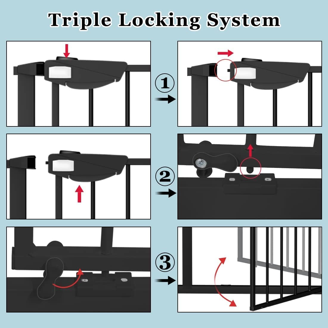 WAOWAO Triple Lock 68.11-75.98" Baby Gate Extra Wide Pressure Mounted Walk Through Swing Auto Close