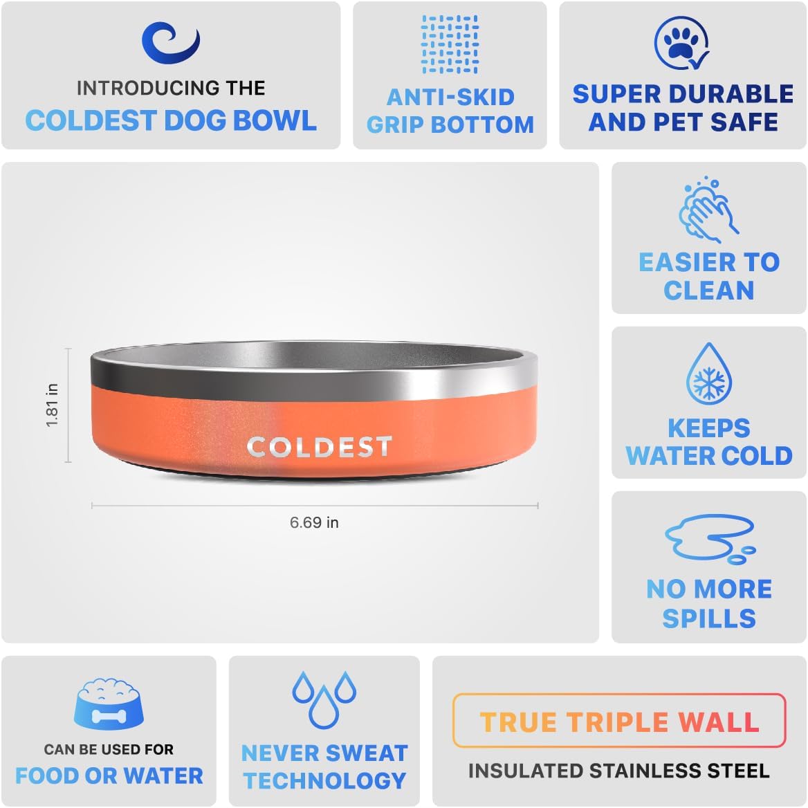 Coldest Dog Bowl - Anti Rust Metal, Non Slip, 3 Layers Insulated Stainless Steel Dog Bowls - Spill
