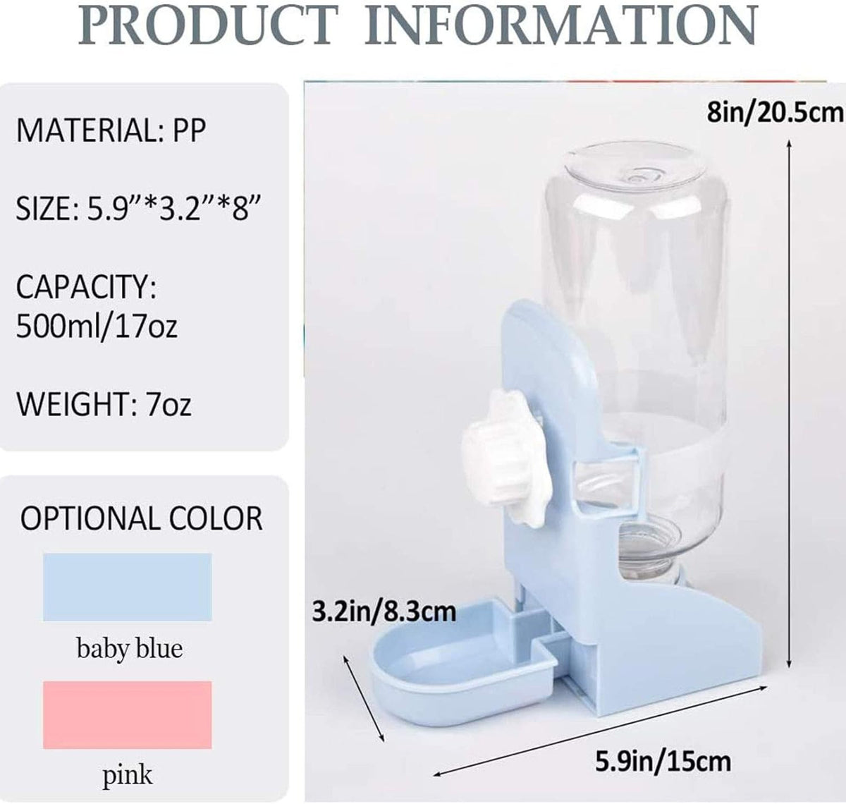 kathson Rabbit Water Bottle, 17oz Hanging Water Fountain Automatic Dispenser No Leak WaterFeeder