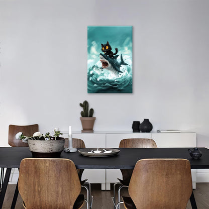 Funny Black Cat Bathroom Wall Art Cute Cat Riding Shark Canvas Wall Decor Animal Kitten Pictures