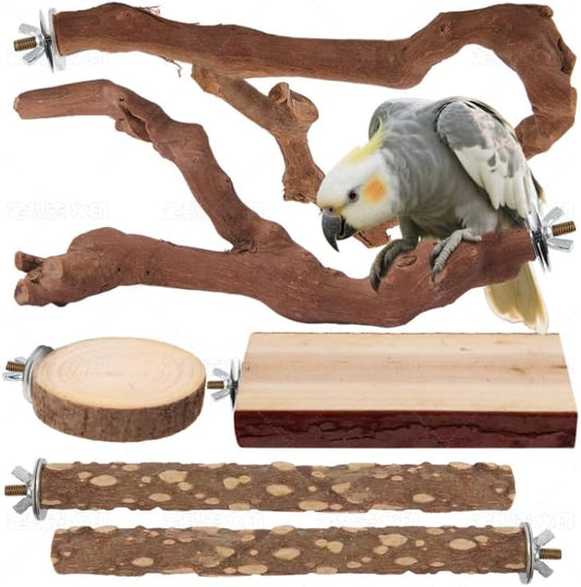 Parrot Perch Bird Perch Stand Set Natural Wild Wood Grape Sticks Paw Grinding Fork Parakeet