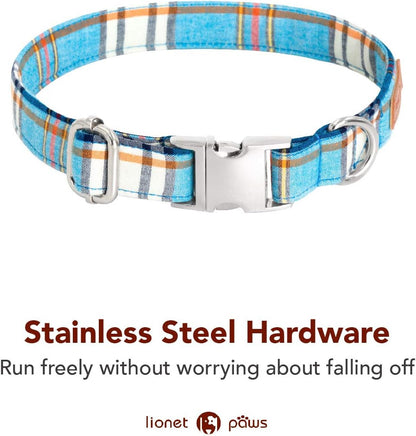 Lionet Paws Boy Dog Collar with Bowtie, Comfortable Adjustable Cute Blue Plaid Bow Tie Collar for