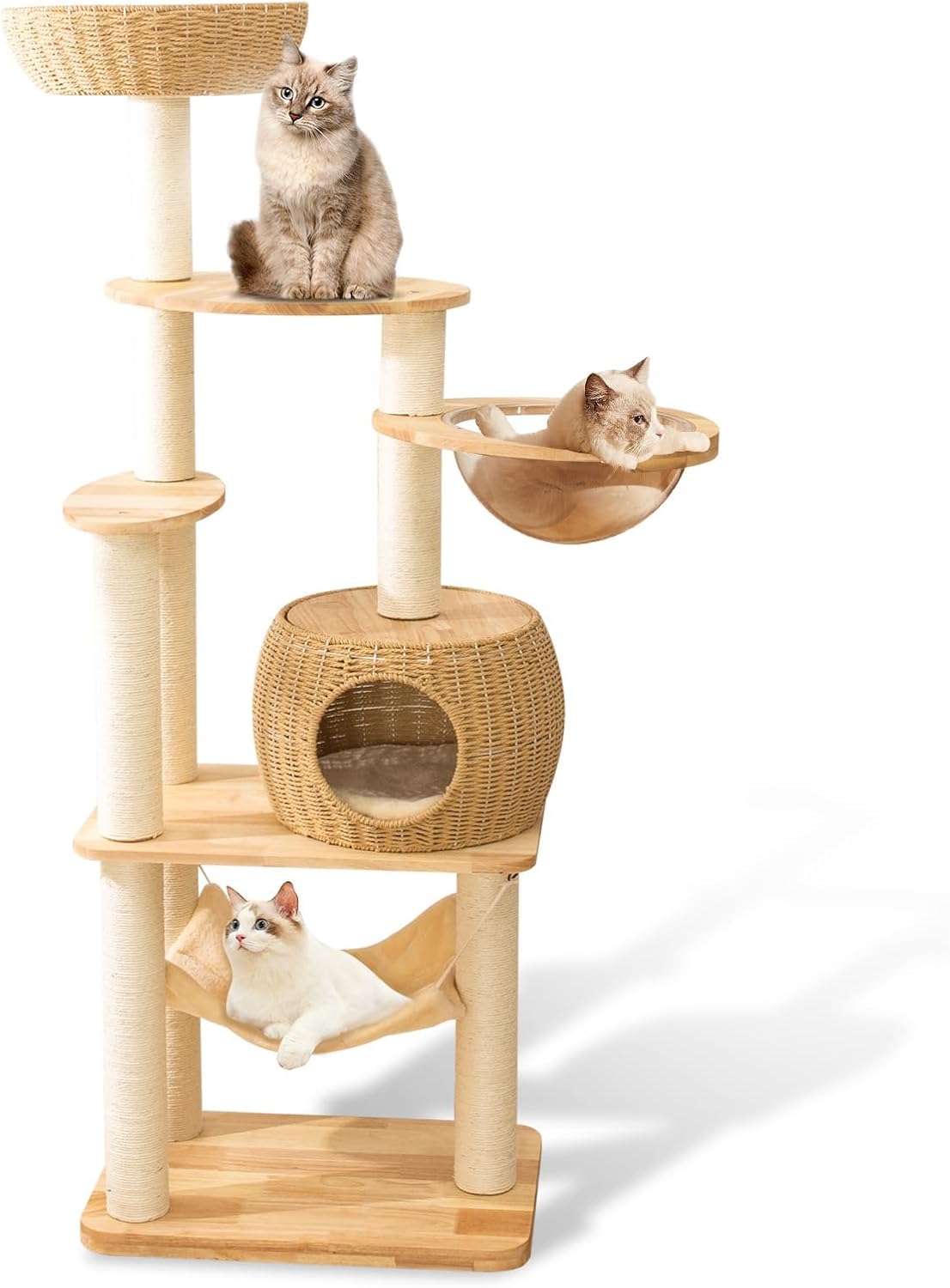 59" Big Modern Cat Tree Tower, Cat Tower Sisal-Covered Scratching Posts for Indoor Cats, Oak Wood