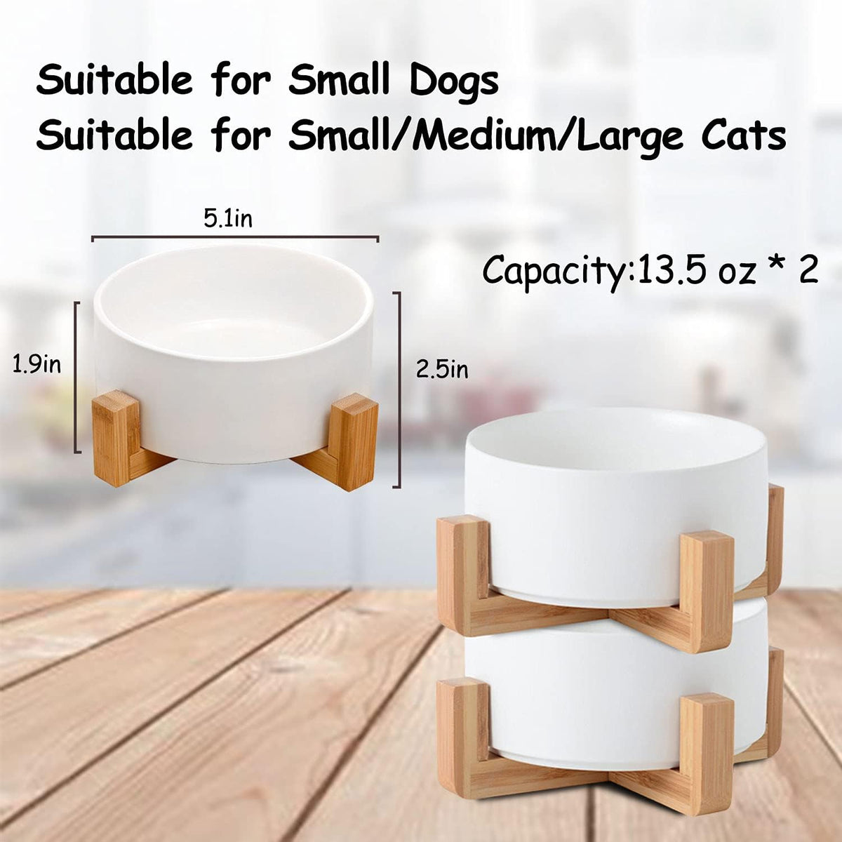 Petygooing White Ceramic Cat Dog Bowl Set with Stand,Small Dog Bowls,Pet Food and Water Dish, Anti